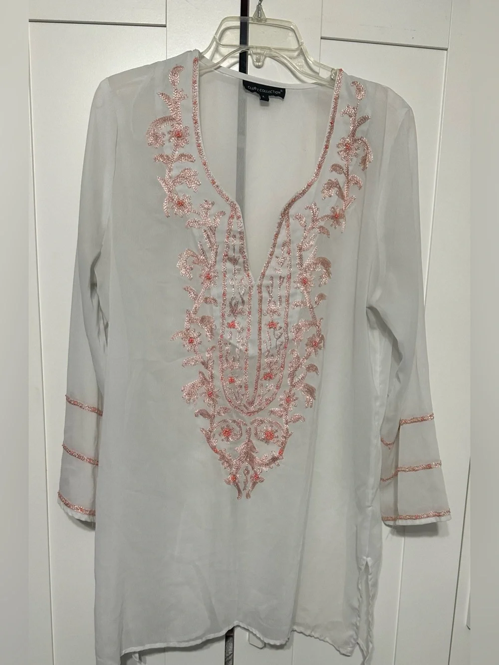 White Tunic Swim Cover Up Top with Pink Embroidery
